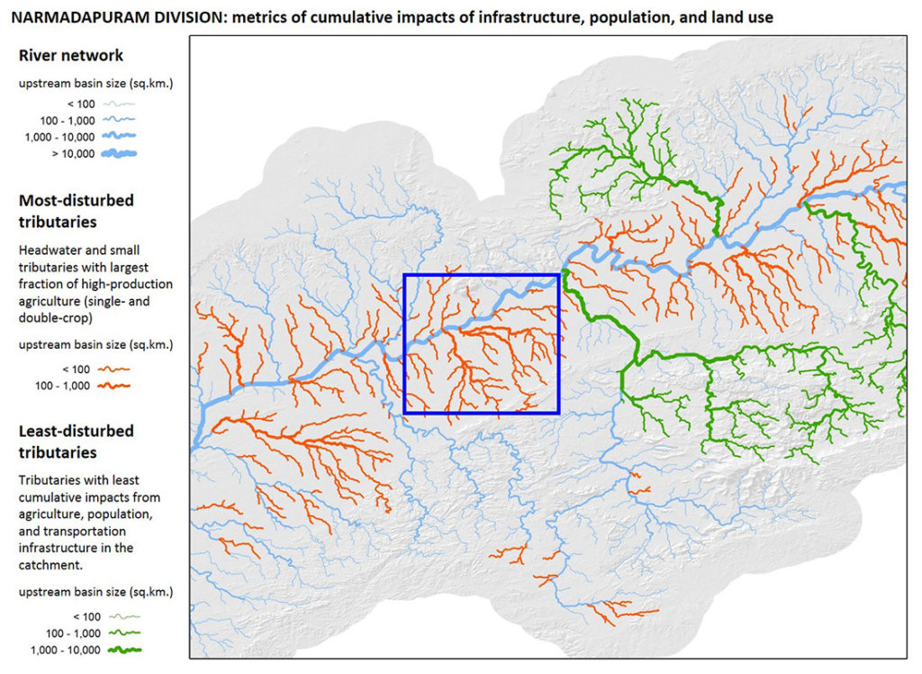 Map of the Narmada, its tributaries, and the effects of human activity.
